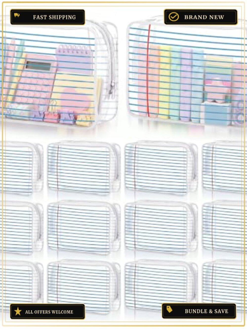 12 Clear PVC Waterproof Cosmetic Pouch Bags for Teachers, Bulk Back to School
